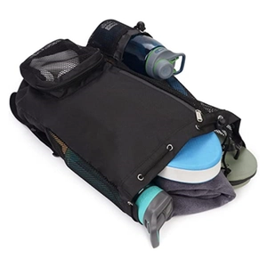 Black mesh drawstring swim bag with wet compartment and gym gear storage capacity