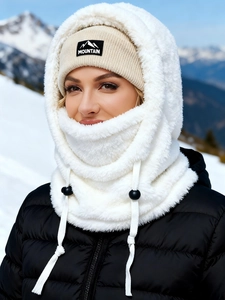 Winter thermal Balaclava set with white plush neck warmer and beige knitted Mountain hat