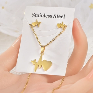 Golden stainless steel jewelry set featuring heart and heartbeat necklace and earrings