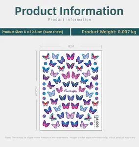 Detail of EM-009 blue and purple butterfly nail art stickers size 8x10.3cm