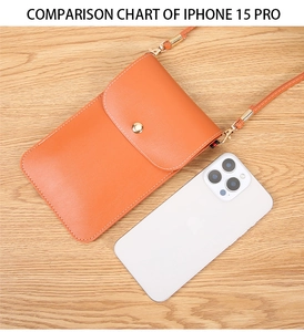 Petit sac bandoulière orange en similicuir comparé à la taille d'un iPhone 15 Pro
