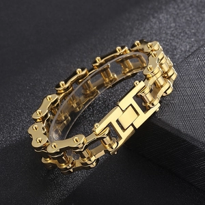 Golden stainless steel motorcycle chain bracelet in punk hip hop style for men