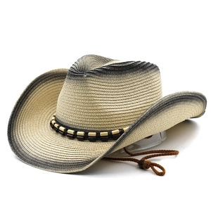 Breathable straw cowboy hat with gradient brim and beaded band for outdoor sun protection