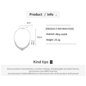 Detailed product info card for silver alloy and crystal necklace set with dimensions