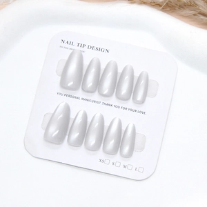 Glossy pearl white almond shaped press-on nails set of 10 displayed on a minimalist card