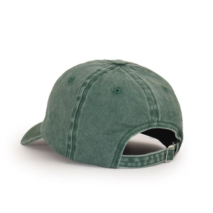 Detail of green washed cotton baseball cap showing adjustable metal buckle and stitching