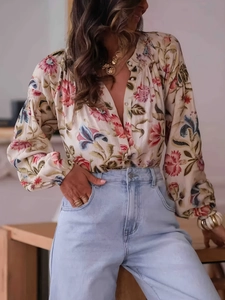 Bohemian floral long sleeve V-neck button shirt for women in beige with vintage print