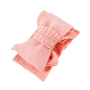 Pink knitted baby headband with a soft elastic large bow showing detailed texture