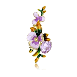 Broche Fleur Iris Alliage Émail Verre Cristal Violet Floral Vintage Élégant Pour Femmes