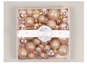 Rose gold Christmas ornament set with glossy and glitter balls in square box packaging