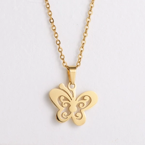 Polished hollow butterfly pendant necklace set in gold finish stainless steel