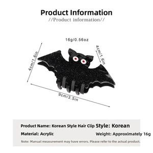 Detailed view of black glitter bat hair claw clip with size dimensions 9x4x4cm