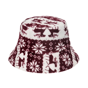 Winter plush bucket hat featuring festive reindeer and snowflake patterns in red and white