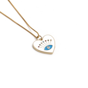 Golden heart necklace with white enamel evil eye pendant and colorful gemstones
