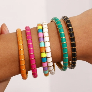 Women's Stainless Steel Gold Plated Segmented Open Bangle Fashion Colorful Enamel Drip Oil Striped Bracelet Jewelry Gift
