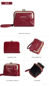 Detailed views of red lychee texture card holder featuring accordion slots and wristlet