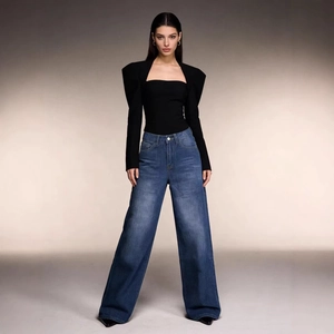 Women's high waist wide leg blue jeans and black off-shoulder long sleeve top outfit