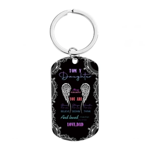 Stainless steel rectangle keychain for daughter with wings and inspirational text