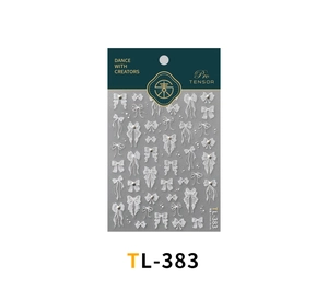 Detail of TL-383 3D embossed white bow nail stickers with lace texture and pearls