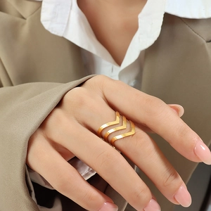 Three-layer layered V-shaped rose gold plated titanium steel ring on a model's hand