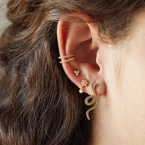 Gold plated s925 snake and flower stud earrings set with double row zircon ear cuffs