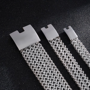 Close-up of triple-row stainless steel weave bracelets with polished fish-scale buckle