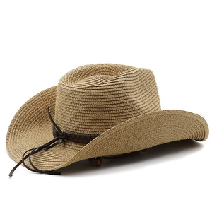 Detail of straw cowboy hat featuring leather band and adjustable chin strap toggle