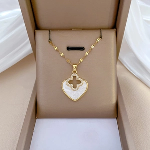 Heart Four Leaf Clover Pendant Necklace Stainless Steel Chain Copper Mother Of Artificial Pearl Zircon Elegant Jewelry For Women