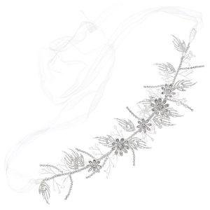 Handmade bridal headband with silver wire, crystal beads, and floral vine design