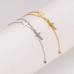 Minimalist stainless steel cross tassel necklaces in gold and silver finishes