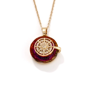 Luxurious gold stainless steel necklace with sun-shaped gradient purple and orange pendant