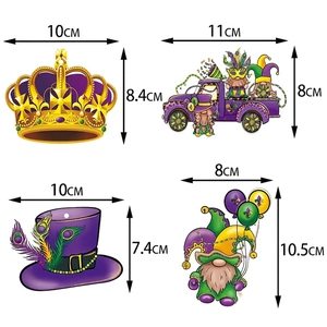 Set of four colorful Mardi Gras party decorations featuring crown and mask designs