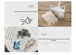 Detail showing vintage pre-cut stickers with butterfly and floral patterns for scrapbooking