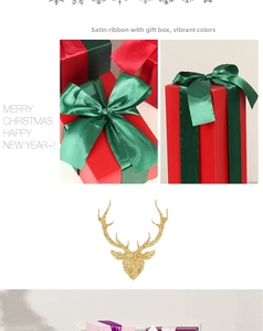 Macro detail of satin ribbons with golden deer glitter stickers for gift box wrapping