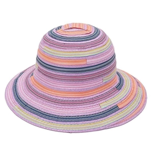 Close-up of colorful striped wide brim straw sun hat with detailed woven texture for beachwear