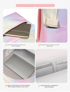 Detail view of the gradient backpack interior showing padded laptop sleeve and compartments