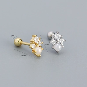 S925 sterling silver square zircon and pearl stud earrings in gold and silver finish