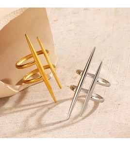 Detailed view of double-layer spiked titanium steel rings in gold and silver finishes