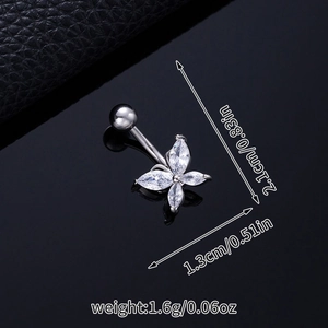 Macro detail of silver butterfly belly ring with zircon stones and size specifications