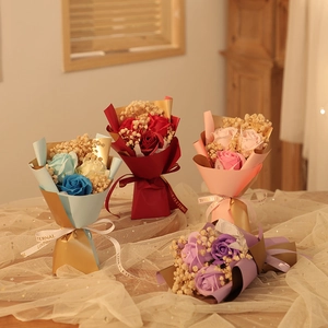 Mini Soap Rose Flower Bouquet With Dried Gypsophila Handmade Romantic Gift For Valentine Mother Day Wedding