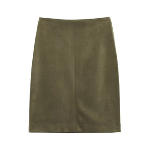Elegant dark green suede midi skirt with front seam detail for a professional look