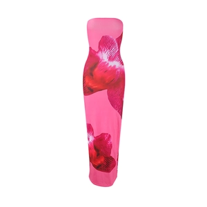 Detail of pink strapless bodycon maxi dress featuring vibrant magenta floral orchid prints