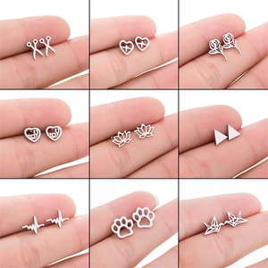 Stainless Steel Stud Earrings Minimalist Geometric Animal Shape Women Fashion Heart Rose Lotus Deer Paper Crane EKG Design
