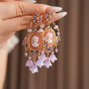 Vintage cameo earrings with crystal flowers and lavender tassels in gold finish