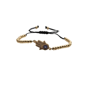 Adjustable golden Hamsa Hand bracelet with evil eye charm and cubic zirconia inlay