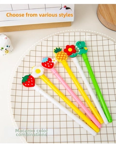 Close-up of 6 cartoon gel pens with macaron colors and silicone tops in a yellow tray