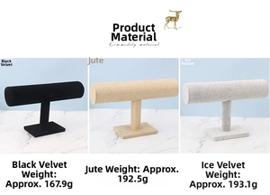 Velvet and jute jewelry display stands shown in three materials with weight details