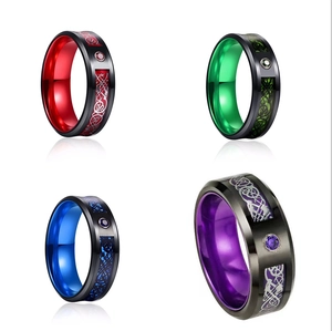 Men's black tungsten dragon ring with colored inner band and single gemstone inlay