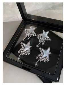 Detailed macro view of silver star earrings with zircon inlay and mother of pearl