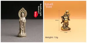 Antique brass Guanyin and Maitreya Buddha miniatures with dimensions 33mm and 17mm
